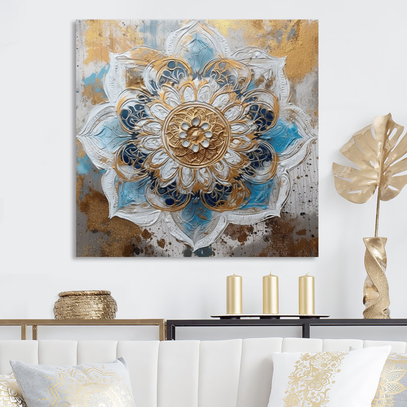 «Blue and Gold Mandala I» sur toile, H 36 po x l 36 po x P 1,5 po, Toile tendue