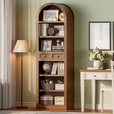 73" Arched Bookshelf  with Drawers and Open Display Shelves, 6-Tier Farmhouse Bookcase with Adjustable Shelf