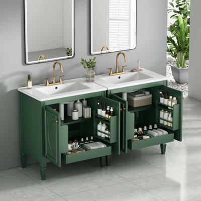 Ensemble de meuble-lavabo 60 po avec lavabo double 60 po, lavabo en céramique, portes à fermeture en douceur avec tablette, tiroir de rangement