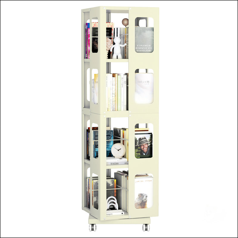 4-Tier All-Steel Rotating Bookshelf With 360° Wheels, Yellow