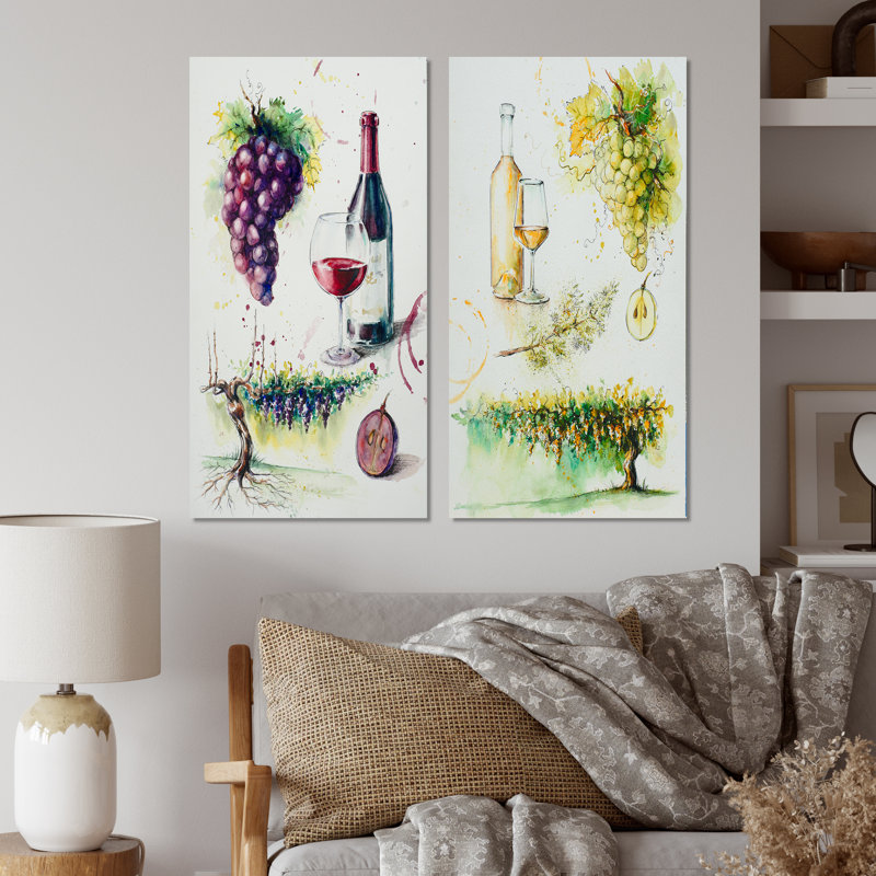 Raisins avec bouteille de vin - ensemble de 2 reproductions sur toile, H 32 po x l 32 po x P 1 po, Toile tendue