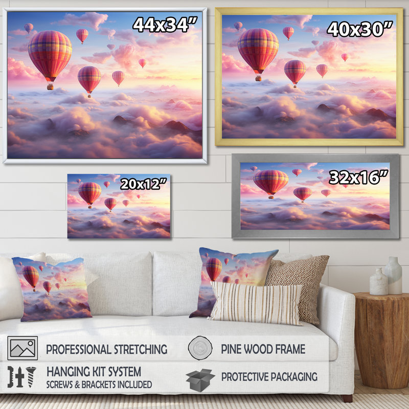 «Pink Hot Air Ballon Ethereal I» sur toile, Cadre flottant noir, H 24 po x l 32 po x P 1 po