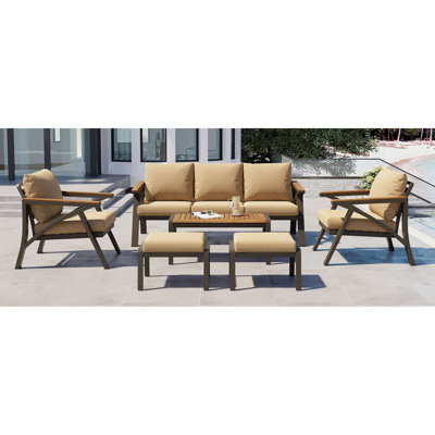 6-Piece Outdoor Patio Furniture Set, Steel Frame Sofa Set with 3-Seat Couch, 2 Armchairs, 2 Ottomans & Acacia Wood Coffee Table, Cushioned Seating for Backyard, Garden, Poolside, Brown Cushion