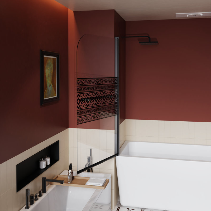 Bohemian Pattern Bathtub Shower Door, 32 In Wide, 55 High, 1/4 Inch Thick, Black Finish, Functional Stainless Steel Accessories, 180 - Degree Turn For Easy Entry Screen Bathtub, Wide X Thick Tempered