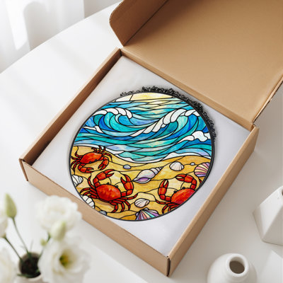 12"H Ocean Crab Stained Glass Window Panel