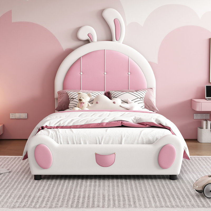 Lit plateforme simple avec tête de lit lapin charmant - Revêtement blanc / rose Taille aucun sommier requis Matériaux blanc et rose