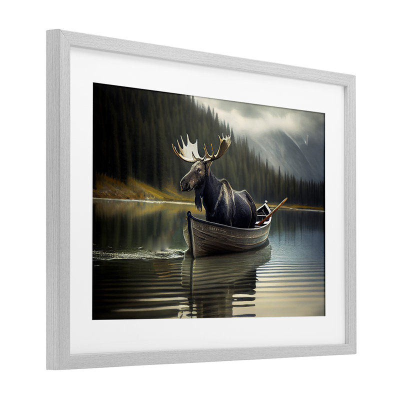 «Moose in Canoe Tranquility», reproduction sous verre encadrée, design par Sasha, H 14 po x l 20 po, Cadre de ferme gris