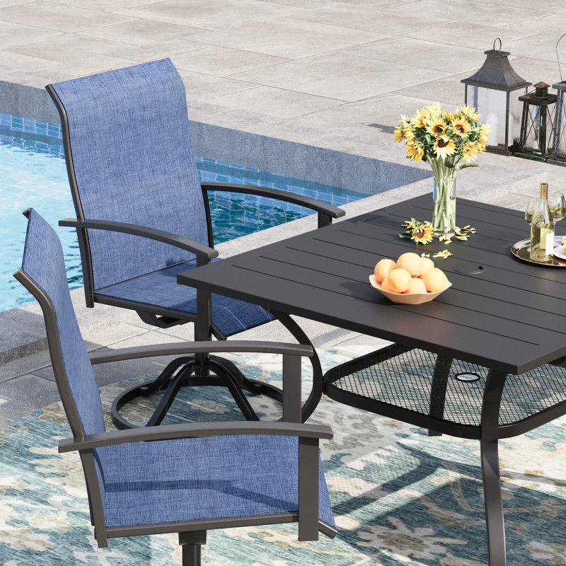 4-Person Square Patio Dining Set With Swivel PVC-coated polyester Chairs, Black/Blue
