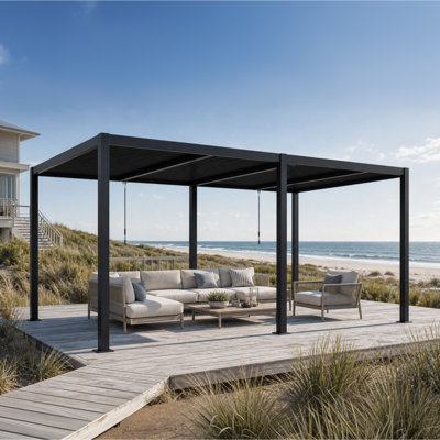Pergola à auvent noir 12 pi x 16 pi avec toit ajustable, gouttière intégrée et cadre prêt pour les rideaux FLIZE