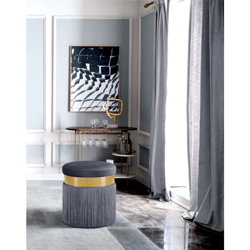 Yasmine 15.5" Wide Velvet Round Standard Ottoman, Grey Velvet