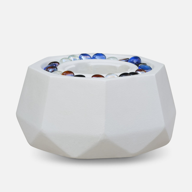 Concrete Look Tabletop Gel Fuel Fire Bowl With Glass Beads & Stainless Steel Lid