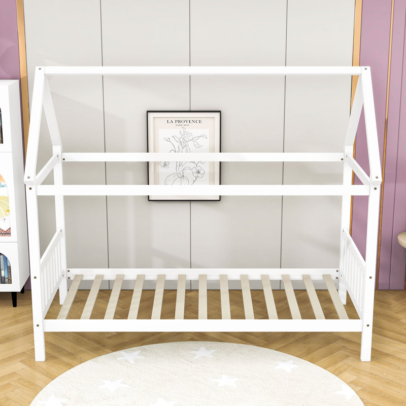 Twin Wooden House-Shaped Bed With Slats, White