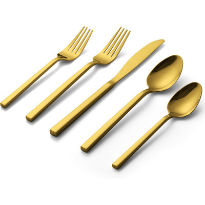Cube Gold 20-Piece Flatware Set, Premium Stainless Steel Cutlery Set With Mirror Finish, Square Handle Design For Home Or Restaurant Use, Dishwasher Safe Silverware Service For 4