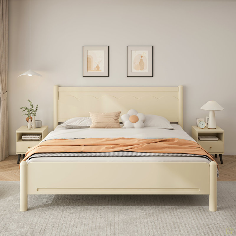 Structure de lit plateforme très grand en bois avec tête de lit, support en lattes de bois et assemblage facile en beige