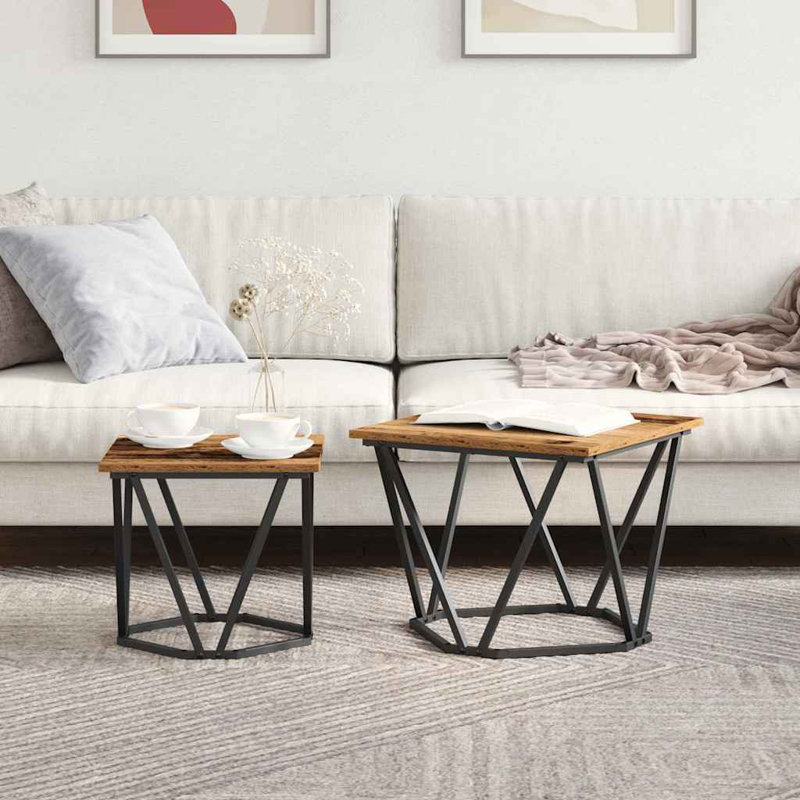Side Table Set 2 pcs Engineered Wood and Steel Living Room Furniture, Brown