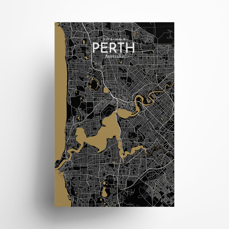 «Perth City Map», impression, H 17 po x l 11 po, Noir et or