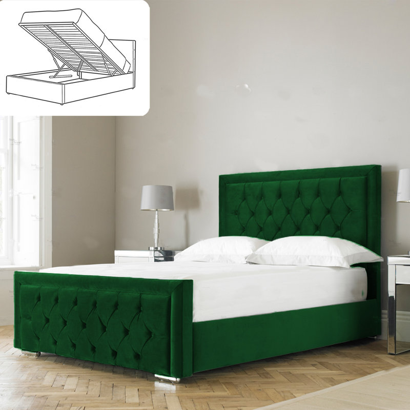 Aura Averian Upholstered Ottoman Storage Bed - Plush Velvet Gas Lift Bed Frame with Headboard, Emarald, Single (3')