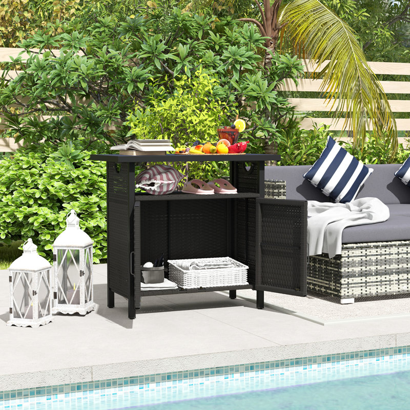 Outdoor Pool Towel Storage Cabinet Organizer, Pool Towel Holder with Shelf and Cabinet, Pool Valet with Weather-Resistant PE Rattan and Steel Frame