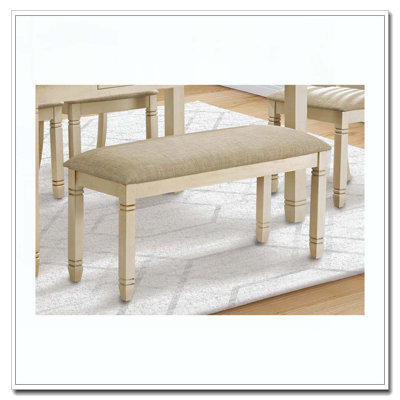 Banc, 41 po rectangulaire, cuisine, salle à manger, vestibule, chambre à coucher, revêtement, bois, bois massif blanc antique, tissu d'aspect lin beige, transitionnel