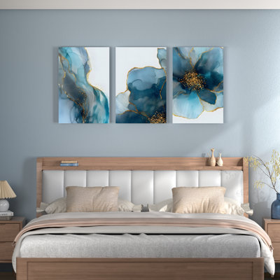 Blue and Gold Floral Abstract Canvas Wrapped Wall Art, Oil Painting Print (Set of 3)