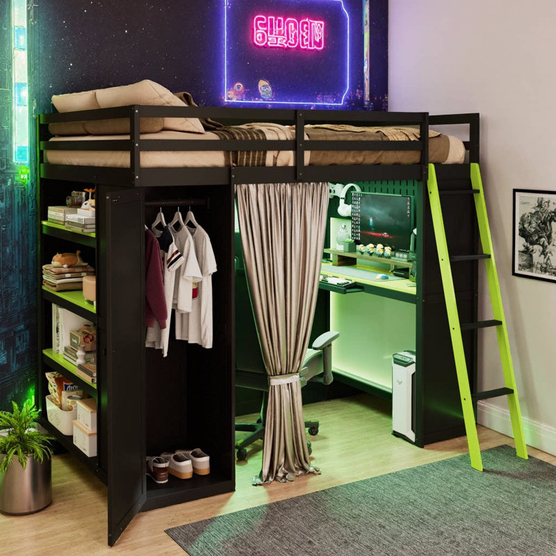Space-Saving Full Size Wood Loft Bed with Built-In Desk, Wardrobe, Shelves, Blackout Curtains & APP-Controlled RGB Lights