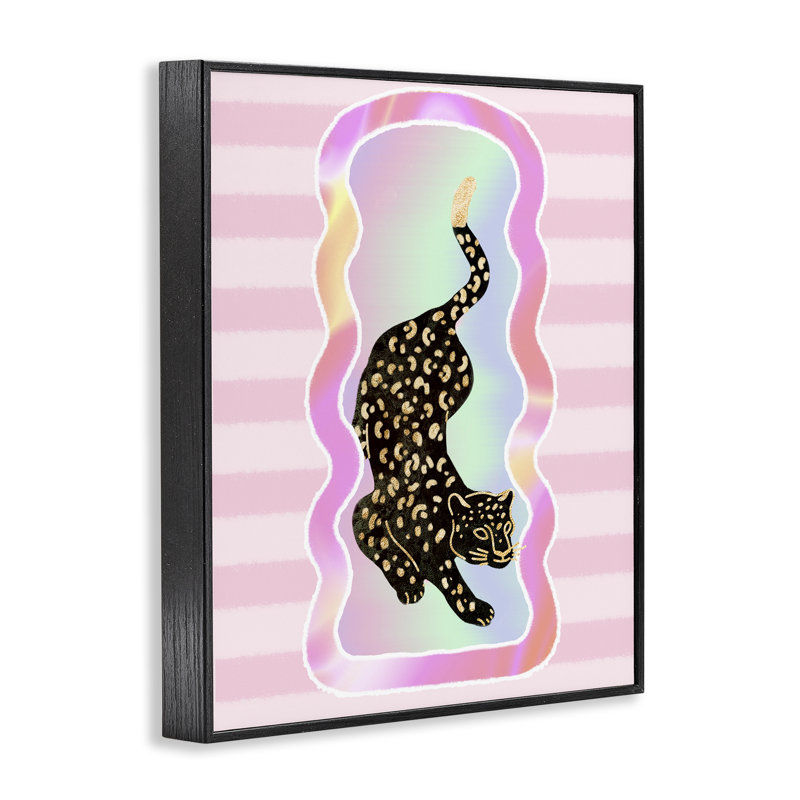 Léopard et rayures roses, estampe numérique par Ziwei Li, Giclée encadrée noir minuit, H 14 po x l 11 po