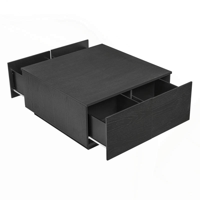 Table basse carrée 33,25 po à 4 tiroirs, noire, Noir