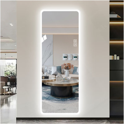 Miroir pleine grandeur avec corps de meuble-lavabo lumineux et miroir à DEL avec miroir mural de grande taille, coins arrondis, chambre à coucher, salon, vestiaire, hôtel