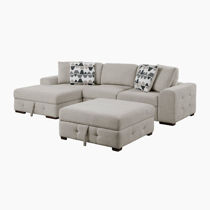 Odesser 115" W 3-Piece Chenille Sleeper Sectional, Left Hand Facing, Taupe Chenille
