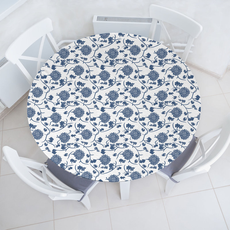 Winston Porter Blue Fitted Round Tablecloth Diameter Blue White, 51.97" Round
