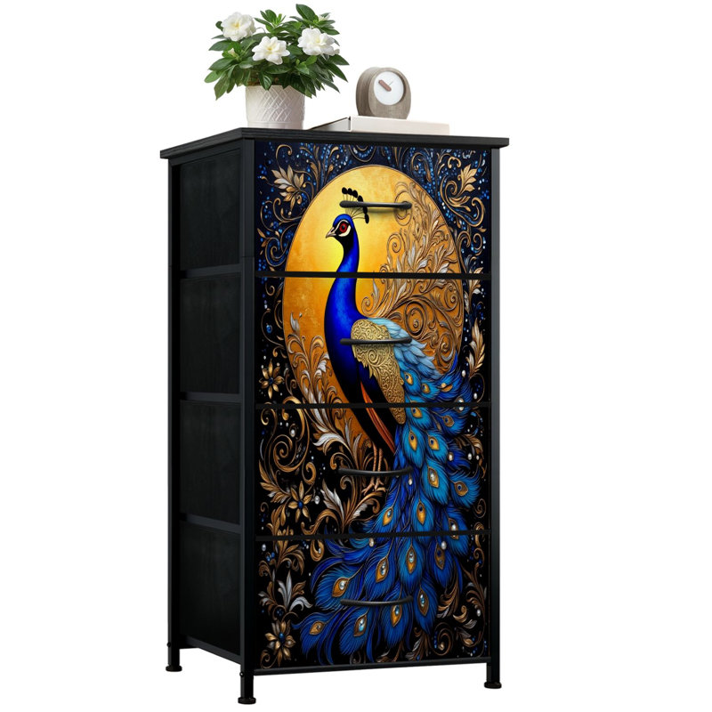 Commode pour la chambre à coucher avec 4 tiroirs de rangement Élégante paon aux plumes dorées vibrantes et aux queues bleues éclatantes Commode pour art floral