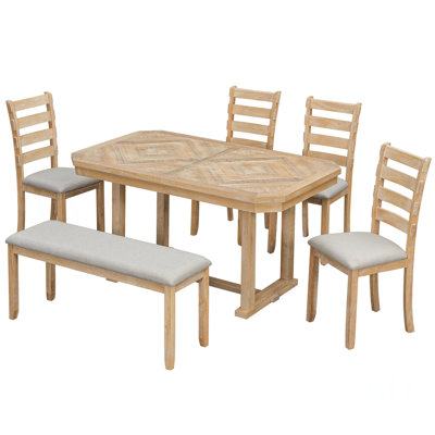 Ensemble de salle à manger 6 pièces en bois d'hévéa avec magnifique plateau en grain de bois, placage en bois massif et coussins moelleux