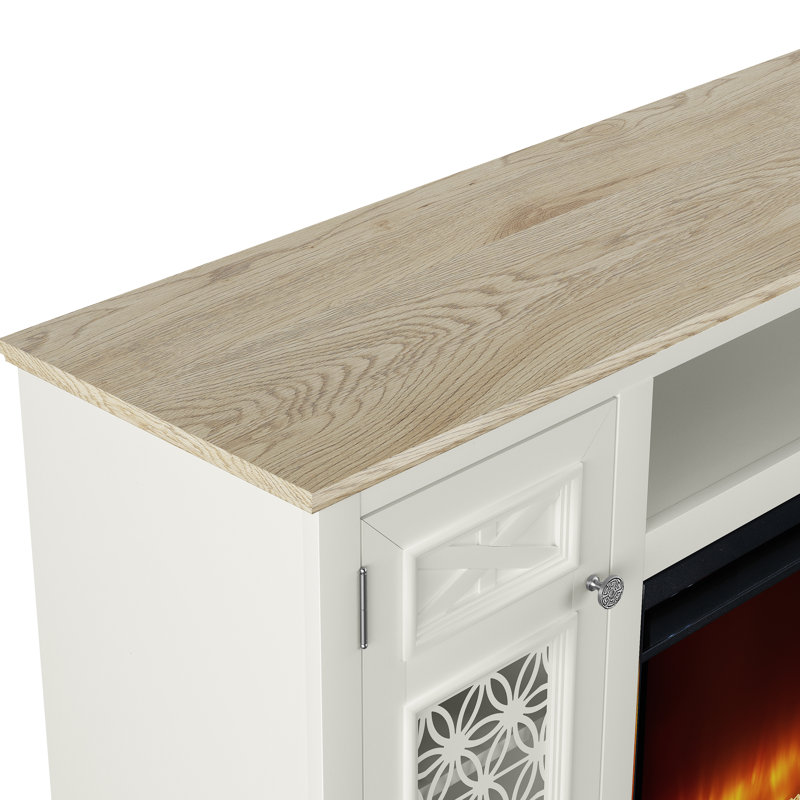 TV Stand with fireplace, White/Natural