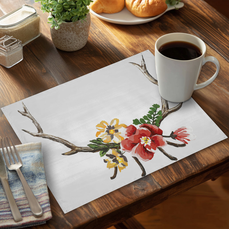Brown Deer Horns with Flowers Placemat | Polyester Home Decor
