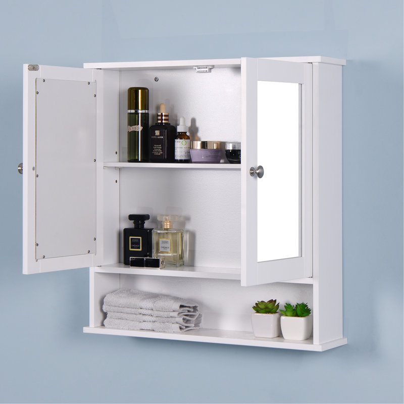 Armoire de salle de bain murale blanche avec 2 portes miroir et une tablette réglable