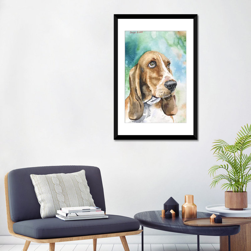 « basset i », reproduction sur toile, Papier d'art encadré noir, H 24 po x l 16 po x P 1 po, Blanc