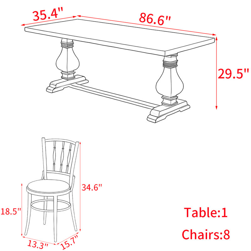 American style country solid wood dining table set, 29.5"H x 86.6"L x 35.4"W