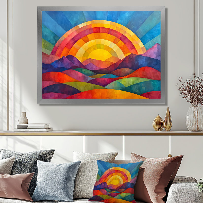 Arc-en-ciel sur des montagnes colorées abstraites - art mural arc-en-ciel, H 16 po x l 32 po, Natural Floater Framed