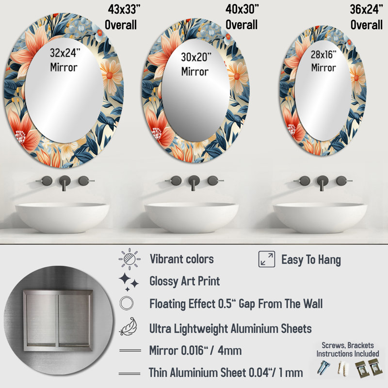 Tefft - Miroir mural ovale traditionnel bleu, H 40 po x l 30 po