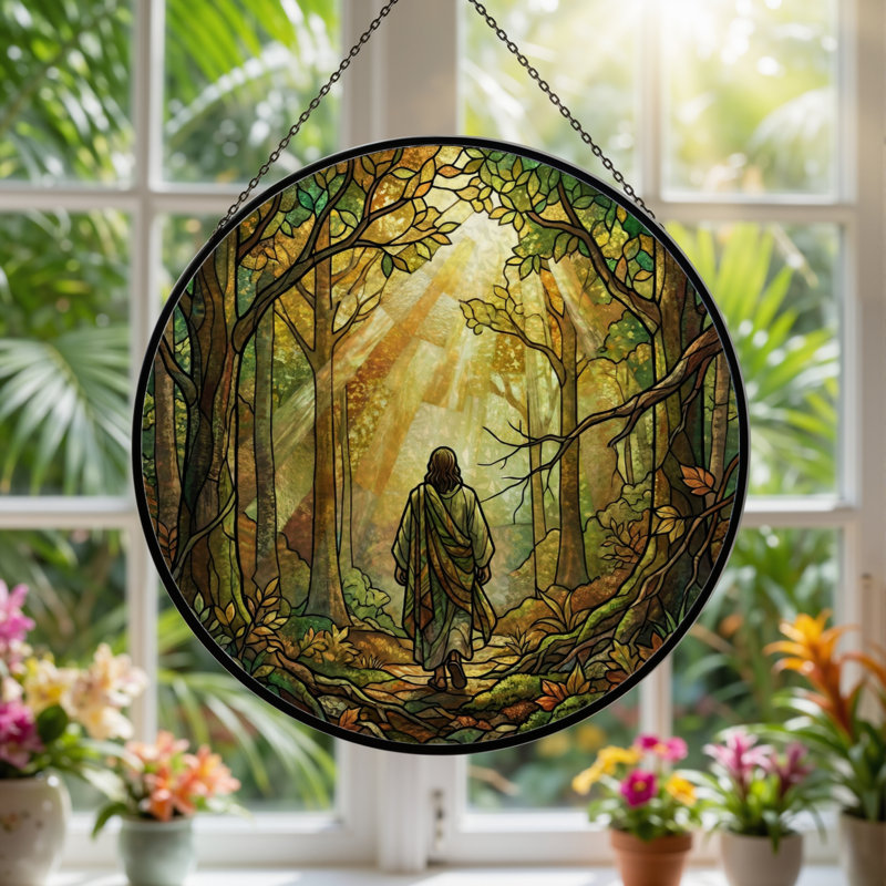 Forest Path Stained Glass Window Panel，7.8H, 7.8"H