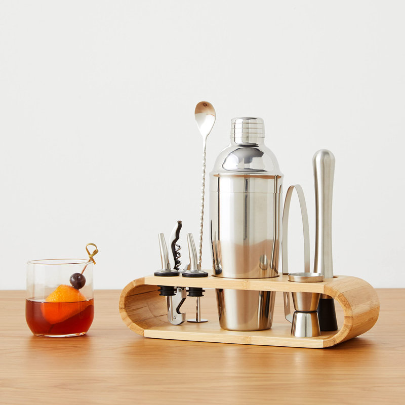 Ensemble de 10 outils de bar en acier inoxydable avec support en bambou