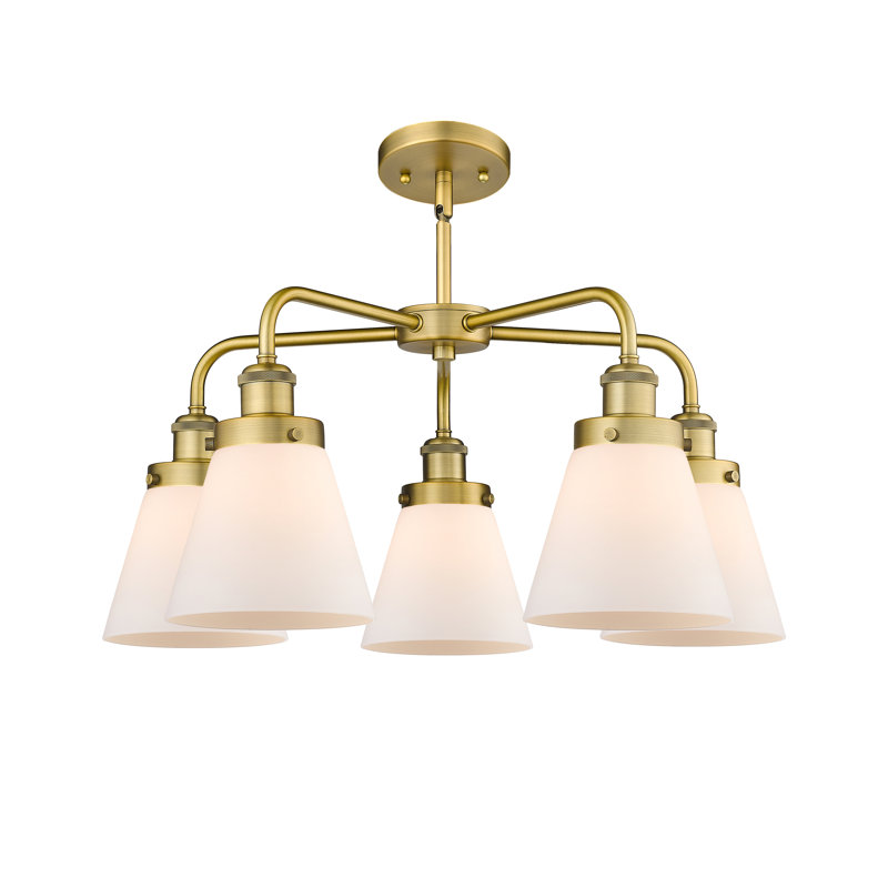 Lustre suspendu 5 lumières Cone, Blanc mat, Laiton brossé