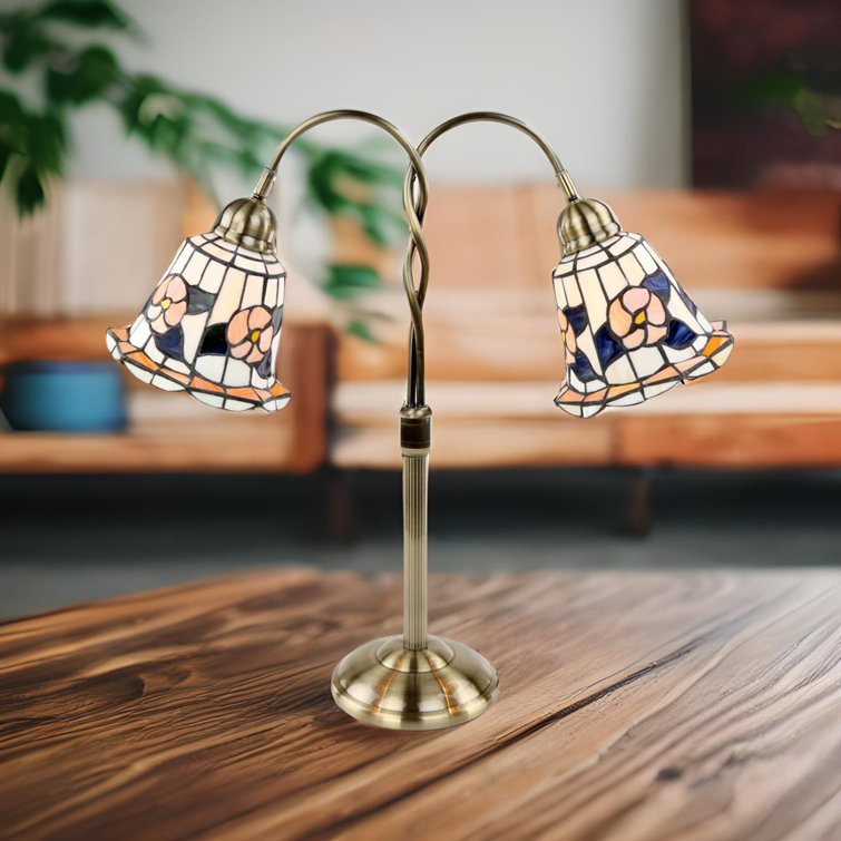 Charlton Home® Cronin Table Lamp Twin Goose Neck Desk Floral Stained Glass  Double Light 24 H 40 Watt