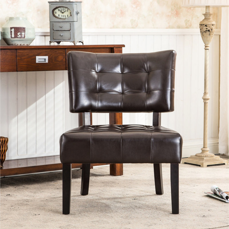 Fauteuil d'appoint contemporain en cuir mélangé brun avec assise en faux bois massif séché au four et aspect moderne, Brun