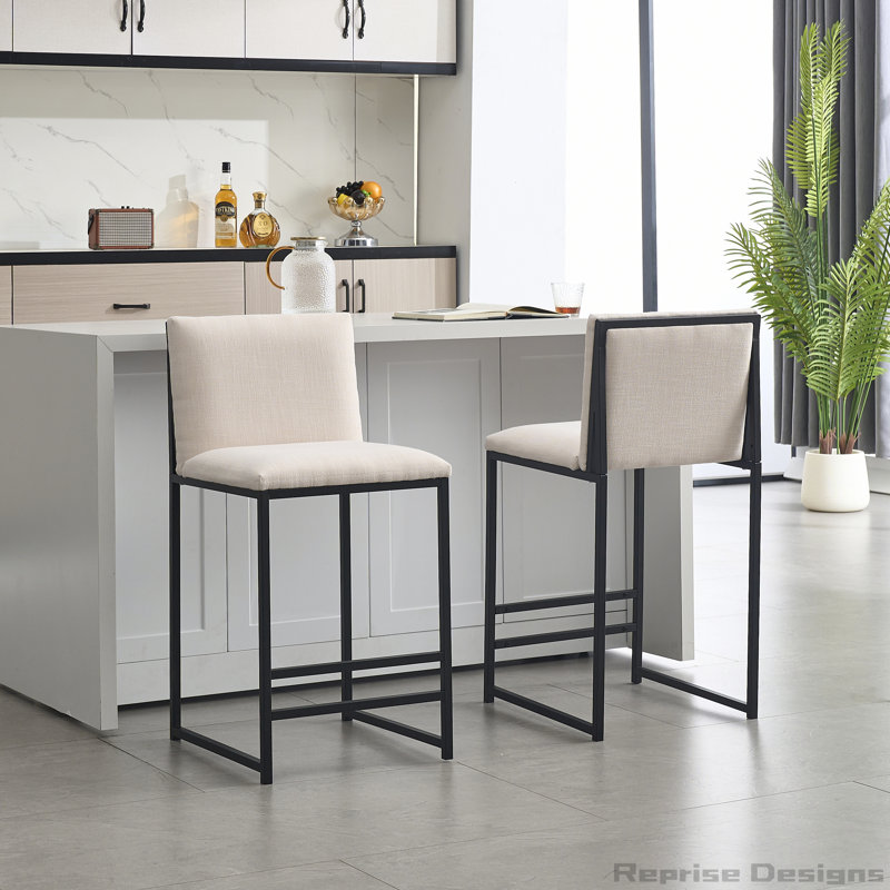 Counter Height Upholstered Linen Bar Stools Set of 2, Ivory
