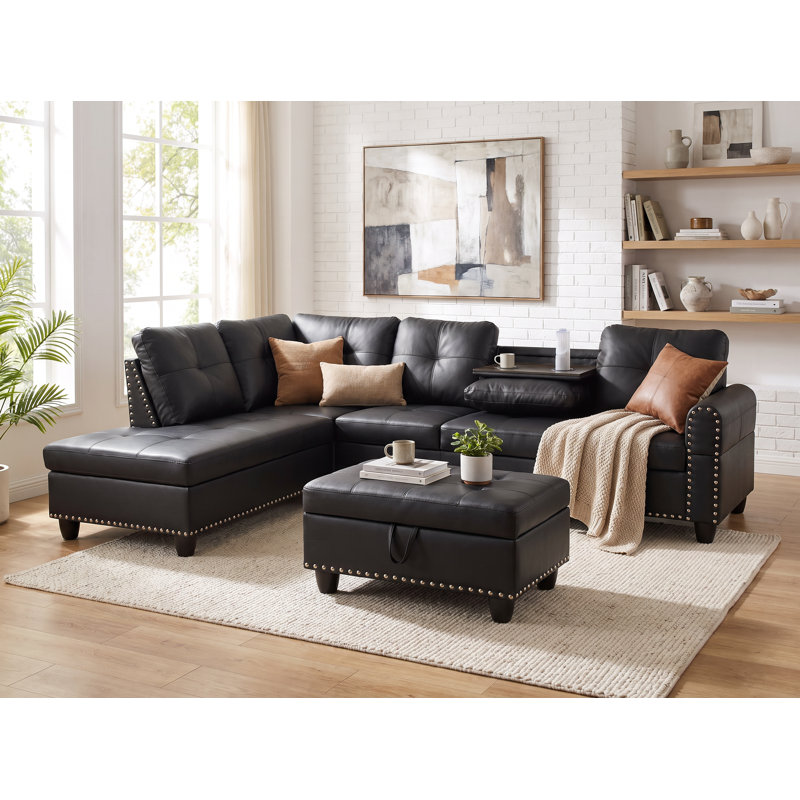 Ensemble de canapé de salon ectional, ensemble de salon moderne à 6 places avec méridienne, repose-pieds et 6 coussins | Canapé en L | Porte-gobelet | Similicuir synthétique, noir
