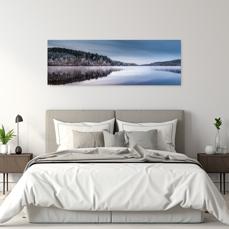 «Frosted Lake Reflection Peaceful Serene Tranquil Forest Landscape», art mural, 60" H x 20" W