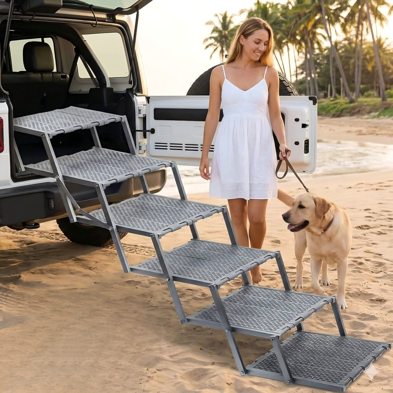 Rampe de chargement canine pour véhicules, VUS, camions - Escalier pour animaux transportable avec surface antidérapante et conception simple-propre, grande plateforme extensible pour chien, pouvant supporter jusqu'à 250 lb.