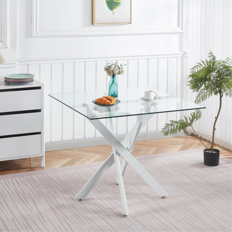 Table de salle à manger avec pieds en croix en métal et verre trempé, table de cuisine moderne pour le salon, table carrée blanche