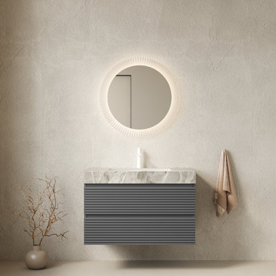 Meuble-lavabo de salle de bain de 30 po avec lavabo encastré VENO, armoire de rangement flottante rayée en contreplaqué avec 2 tiroirs, plateau en pierre frittée gris clair Itlay, sans robinet ni drain, couleur grise